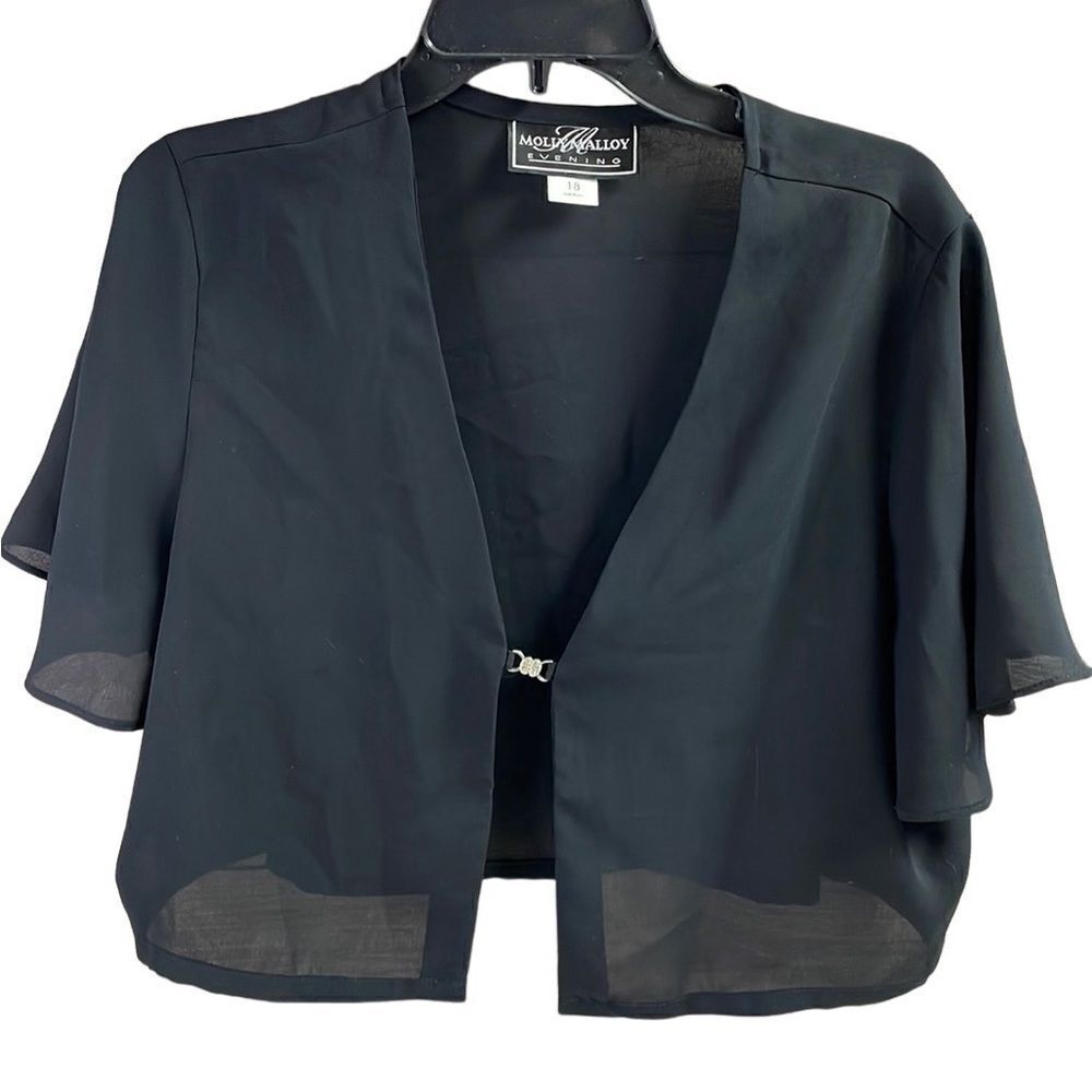 MOLLY MALLOY EVENING Ladies Dressy Black Sheer Cardigan Rhinstone Clasp Size 18 - Picture 1 of 7